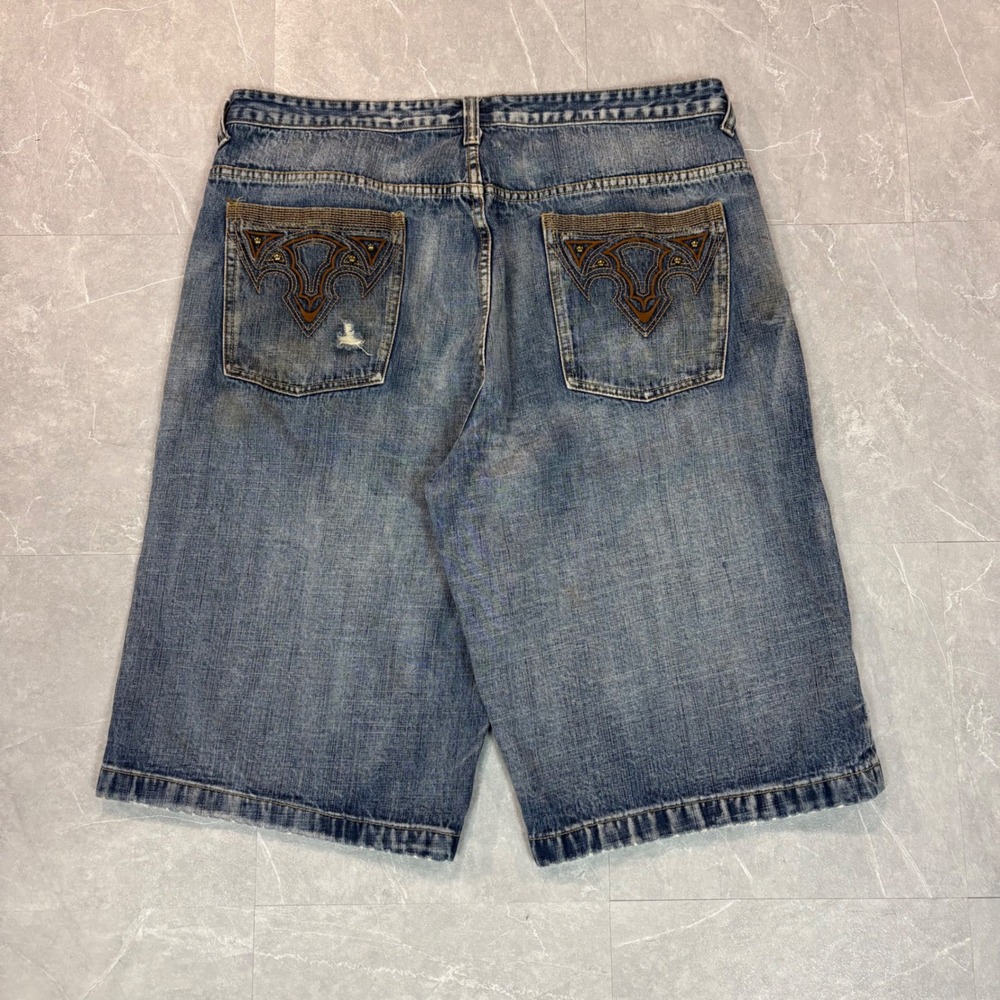 Route 66 Mens Baggy Denim Shorts Blue Embroidered Y2K Skater Size 38 Distressed